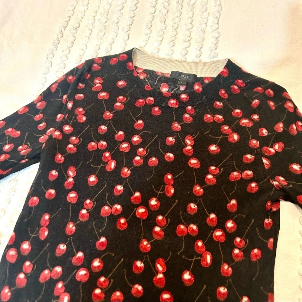 J. Crew Black and Red Cherry Print Tippi 3/4 Sleeve Crew Neck Sweater S